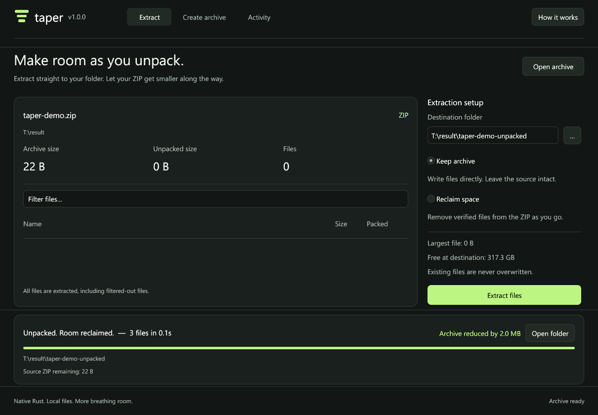 Taper after a real reclaim operation: three extracted files, a ZIP reduced by 2.0 MB, and 22 bytes left in the source.